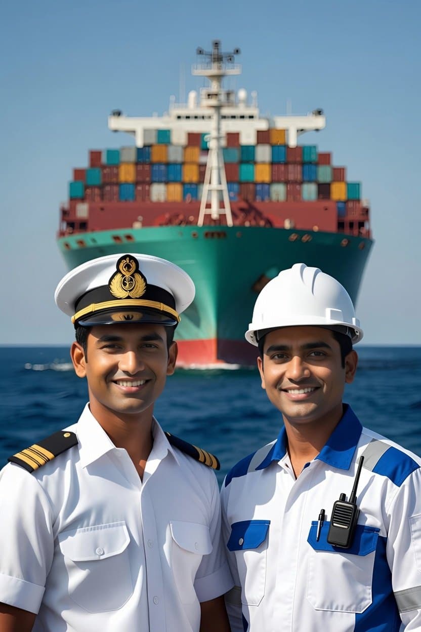 A Deck officer and an Engine officer in front of a container ship